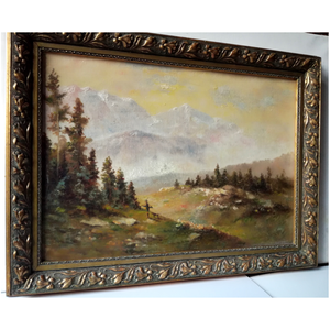 Antik Vadászfestmény, Vadász kutyájával az Alpokban - művészet - festmény - olajfestmény - Meska.hu