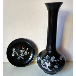 Vintage koreai kagyló berakásos váza és tányérka - Meska.hu