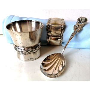 Vintage ezüst és ezüstözött Hildesheimer rózsa mintás keresztelő készlet - baba - mama - keresztelő kellékek - keresztelőajándékok - Meska.hu