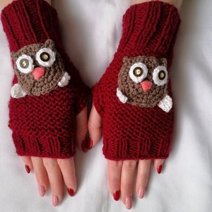 horgolt baglyos kézmelegítő,ujjatlan kesztyű - ruha & divat - sál, sapka, kendő - kesztyű - Meska.hu