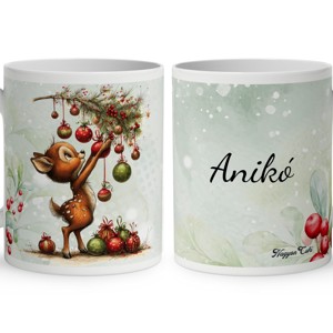 Névvel kérhető - Cuki karácsonyi őzike és a díszek mintás bögre, Otthon & Életmód, Konyhafelszerelés, tálalás, Tálalás, Bögre & Csésze, , MESKA