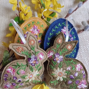 Hímzett húsvéti nyuszi és tojás formájú gyapjúfilc dekoráció - Meska.hu