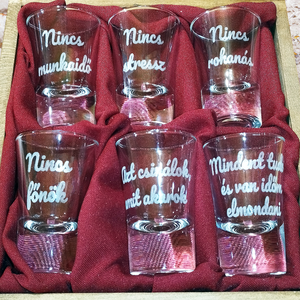 Pálinkás szett nyugdíjba vonulásra bélelt díszdobozban 6db gravírozott pálinkás pohárral személyre szabható feliratokkal - otthon & életmód - konyhafelszerelés, tálalás - tálalás - pálinkás poharak, szettek - Meska.hu