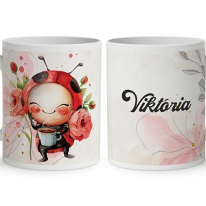 Névvel kérhető - Cuki kávézós katica mintás bögre, Otthon & Életmód, Konyhafelszerelés, tálalás, Tálalás, Bögre & Csésze, , MESKA