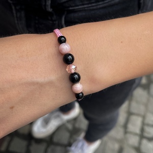 Pink opál és ónix ásvány karkötő - ékszer - karkötő - fonott karkötő - Meska.hu