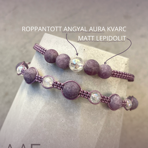 Matt lepidolit és angyal aura kvarc makramé karkötő - ékszer - karkötő - fonott karkötő - Meska.hu