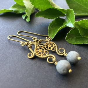 Merkúr hercegnő - sárgaréz és képjáspis fülbevaló, Ékszer, Fülbevaló, Lógó fülbevaló, Ékszerkészítés, Fémmegmunkálás, MESKA