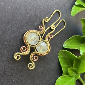 Sárgaréz vörösréz citrin fülbevaló - ékszer - fülbevaló - lógó fülbevaló - Meska.hu