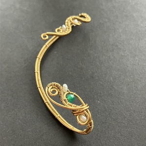 Sárgaréz zöld és gyöngy fülékszer, Ékszer, Fülbevaló, Fülékszer, Ékszerkészítés, Fémmegmunkálás, MESKA