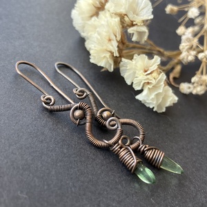 Réz és zöld fülbevaló, Ékszer, Fülbevaló, Lógó fülbevaló, Ékszerkészítés, Fémmegmunkálás, MESKA