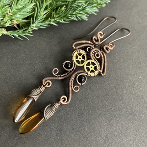 Vörösréz narancs és fekete steampunk fülbevaló, Ékszer, Fülbevaló, Lógó fülbevaló, Ékszerkészítés, Fémmegmunkálás, MESKA
