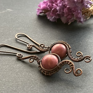 Réz és rodonit fülbevaló - ékszer - fülbevaló - lógó fülbevaló - Meska.hu