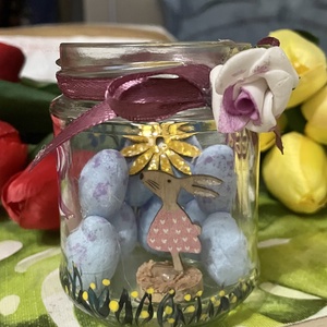 Csodás tavaszi üvegdekor nyuszival, Otthon & Lakás, Dekoráció, Asztal és polc dekoráció, Díszüveg, Decoupage, transzfer és szalvétatechnika, Meska