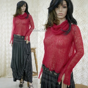 TIFFANY / piros - szexi selyem-mohair pulóver kámzsával - kézzel kötött - ruha & divat - női ruha - pulóver - Meska.hu