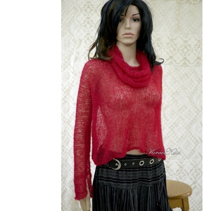 TIFFANY / piros - szexi selyem-mohair pulóver kámzsával - kézzel kötött - ruha & divat - női ruha - pulóver - Meska.hu