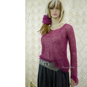 TIFFANY / bordó - szexi selyem-mohair pulóver kámzsával - kézzel kötött, Ruha & Divat, Női ruha, Pulóver, Kötés, MESKA