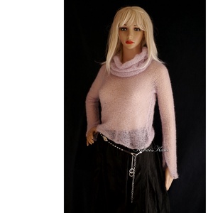 TIFFANY/púder - szexi selyem-mohair pulóver kámzsával - kézzel kötött - ruha & divat - női ruha - pulóver - Meska.hu