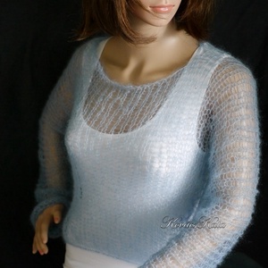 TIFFANY / azúr - szexi selyem-mohair pulóver - kézzel kötött, Ruha & Divat, Női ruha, Pulóver & Kardigán, Kötés, Meska