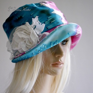 MARA-LUX - exkluzív kézzel festett selyem düsessz kalap selyemvirág-brossal - Meska.hu