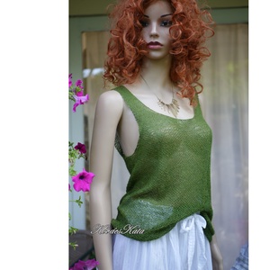 CSIPKE TOP - exkluzív babyalpaka-silk lace kézzel kötött felső, ujjatlan pulóver / olív - Meska.hu