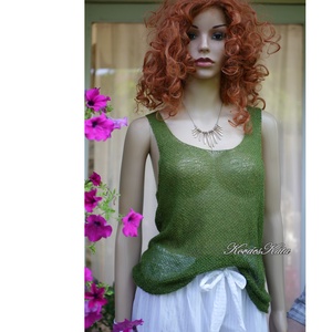 CSIPKE TOP - exkluzív babyalpaka-silk lace kézzel kötött felső, ujjatlan pulóver / olív - ruha & divat - női ruha - pulóver - Meska.hu