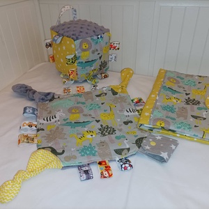 Afrikai állatos-Szürke-sárga babköszöntő szett 3 részes, Játék & Sport, Babalátogató ajándékcsomag, Varrás, Mindenmás, MESKA