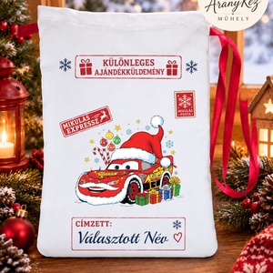 Névre szóló Mikulás zsák, Verdák - Villám McQueen, Karácsony, Mikulás, Mikulás zsák, Varrás, MESKA