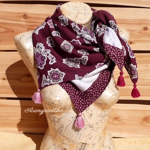 Kétoldalas kendő (bordó-bézs, keleti mintával és apró virágokkal) -  - Meska.hu