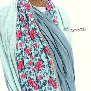 Menta-türkiz apró rózsás csipkés csősál - Aranypántlika - ruha & divat - sál, sapka, kendő - sál - Meska.hu