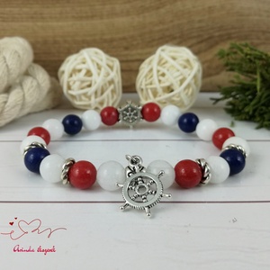 Tengerész stílusú ásvány karkötő fehér piros sötétkék jade gyöngyökből hajókormány köztessel és medállal nőnek lánynak - ékszer - karkötő - bogyós karkötő - Meska.hu