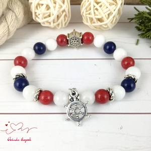Tengerész stílusú ásvány karkötő fehér piros sötétkék jade gyöngyökből hajókormány köztessel és medállal nőnek lánynak - ékszer - karkötő - bogyós karkötő - Meska.hu