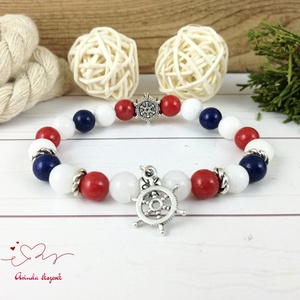 Tengerész stílusú ásvány karkötő fehér piros sötétkék jade gyöngyökből hajókormány köztessel és medállal nőnek lánynak - ékszer - karkötő - bogyós karkötő - Meska.hu
