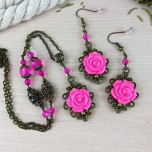 #50 pink rózsás antik bronz szett nyaklánc fülbevaló esküvő alkalmi koszorúslány örömanya menyasszony násznagy - ékszer - ékszerszett - Meska.hu #50 pink rózsás antik bronz szett nyaklánc fülbevaló esküvő alkalmi koszorúslány örömanya menyasszony násznagy - ékszer - ékszerszett - Meska.hu