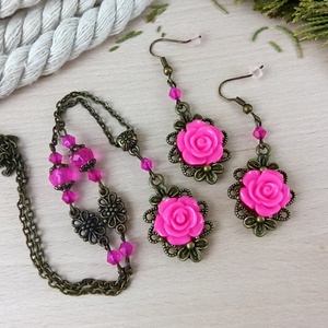 #50 pink rózsás antik bronz szett nyaklánc fülbevaló esküvő alkalmi koszorúslány örömanya menyasszony násznagy - ékszer - ékszerszett - Meska.hu #50 pink rózsás antik bronz szett nyaklánc fülbevaló esküvő alkalmi koszorúslány örömanya menyasszony násznagy - ékszer - ékszerszett - Meska.hu
