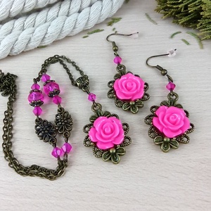 #50 pink rózsás antik bronz szett nyaklánc fülbevaló esküvő alkalmi koszorúslány örömanya menyasszony násznagy - ékszer - ékszerszett - Meska.hu #50 pink rózsás antik bronz szett nyaklánc fülbevaló esküvő alkalmi koszorúslány örömanya menyasszony násznagy - ékszer - ékszerszett - Meska.hu