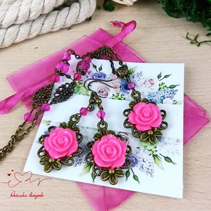 #50 pink rózsás antik bronz szett nyaklánc fülbevaló esküvő alkalmi koszorúslány örömanya menyasszony násznagy, Ékszer, Ékszerszett, Ékszerkészítés, Gyöngyfűzés, gyöngyhímzés, Meska