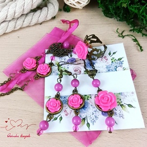 #55 pink rózsás szett nyaklánc fülbevaló karkötő vintage esküvő alkalmi koszorúslány örömanya menyasszony násznagy - ékszer - ékszerszett - Meska.hu