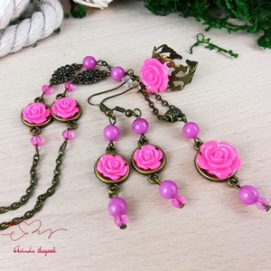 #55 pink rózsás szett nyaklánc fülbevaló karkötő vintage esküvő alkalmi koszorúslány örömanya menyasszony násznagy - ékszer - ékszerszett - Meska.hu