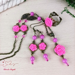 #55 pink rózsás szett nyaklánc fülbevaló karkötő vintage esküvő alkalmi koszorúslány örömanya menyasszony násznagy - ékszer - ékszerszett - Meska.hu