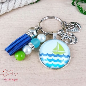 Hajó kék bojtos üveglencsés kulcstartó táskadísz  - táska & tok - kulcstartó & táskadísz - kulcstartó - Meska.hu