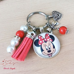 Minnie mintás piros bojtos üveglencsés kulcstartó táskadísz bojtos mikulás karácsony szülinap névnap nyár ajándék - táska & tok - kulcstartó & táskadísz - kulcstartó - Meska.hu