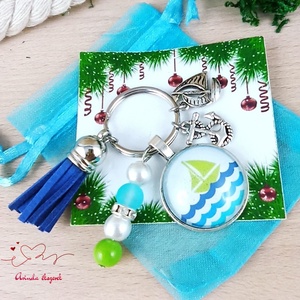 Hajó kék bojtos üveglencsés kulcstartó táskadísz  - táska & tok - kulcstartó & táskadísz - kulcstartó - Meska.hu