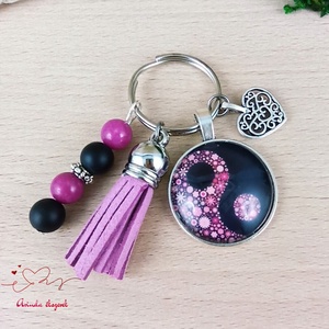 Jinjang mintás rózsaszín bojtos üveglencsés kulcstartó táskadísz  - táska & tok - kulcstartó & táskadísz - táskadísz - Meska.hu