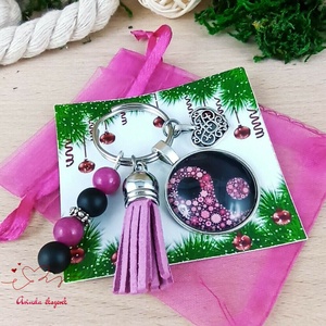 Jinjang mintás rózsaszín bojtos üveglencsés kulcstartó táskadísz  - táska & tok - kulcstartó & táskadísz - táskadísz - Meska.hu