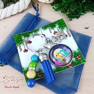 Cicák a háztetőn kék bojtos üveglencsés kulcstartó táskadísz  - táska & tok - kulcstartó & táskadísz - kulcstartó - Meska.hu