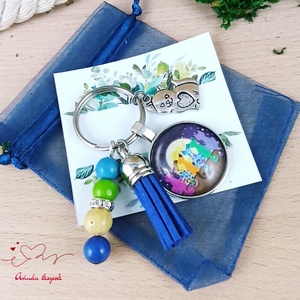 Cicák a háztetőn kék bojtos üveglencsés kulcstartó táskadísz  - táska & tok - kulcstartó & táskadísz - kulcstartó - Meska.hu