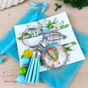 Hőlégballon kék bojtos üveglencsés kulcstartó táskadísz , Táska & Tok, Kulcstartó & Táskadísz, Táskadísz, Ékszerkészítés, Gyöngyfűzés, gyöngyhímzés, Meska