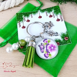 Pink pillangós zöld bojtos üveglencsés kulcstartó táskadísz pedagógusnak nőnek karácsonyra pedagógusnapra ajándék - táska & tok - kulcstartó & táskadísz - kulcstartó - Meska.hu