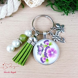 Pink pillangós zöld bojtos üveglencsés kulcstartó táskadísz pedagógusnak nőnek karácsonyra pedagógusnapra ajándék - táska & tok - kulcstartó & táskadísz - kulcstartó - Meska.hu