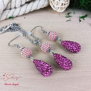 Magenta kristály shamballa stílusú kristály csepp és fűzött bogyó nyaklánc fülbevaló szett - ékszer - ékszerszett - Meska.hu